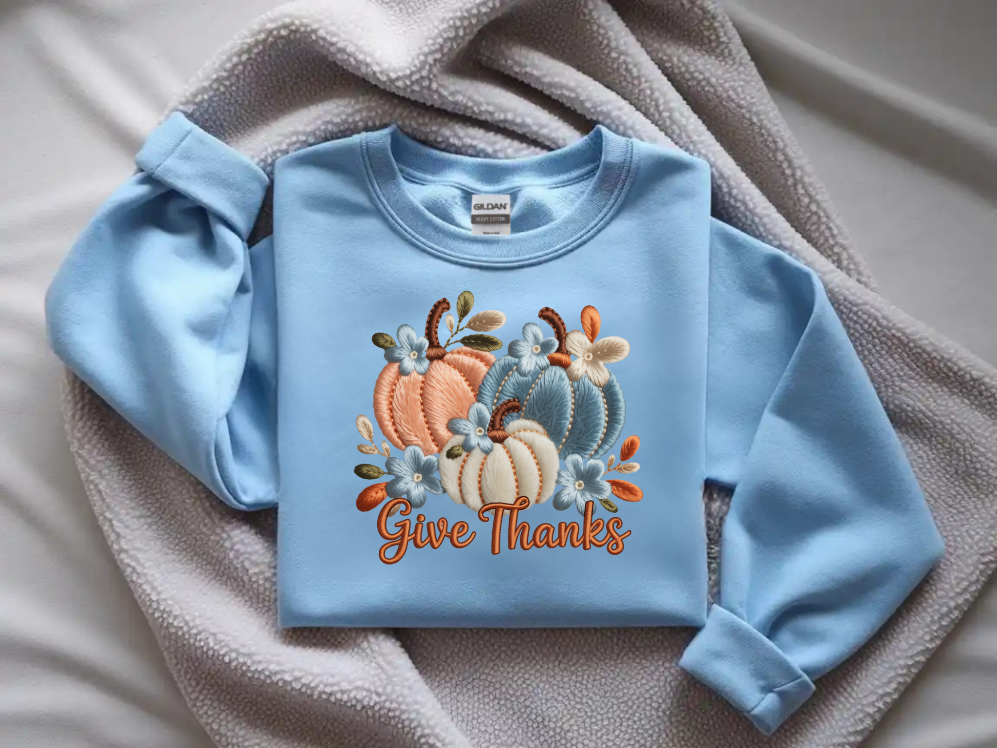 Give Thanks sweatshirt with real look fall scene